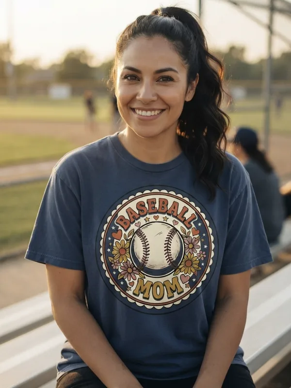 Mom on the ballpark bleachers at golden hour in a navy Baseball Mom graphic tee