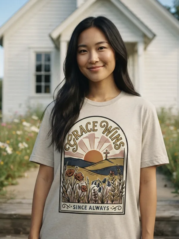 Woman outside a white country church on Sunday morning in a Grace Wins Christian graphic tee