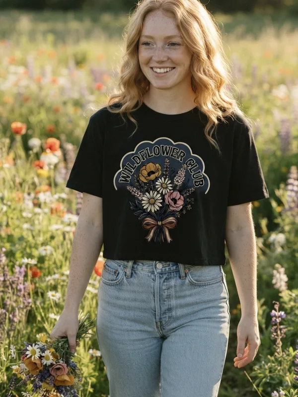 Young woman in a wildflower meadow wearing a black Wildflower Club cropped graphic tee