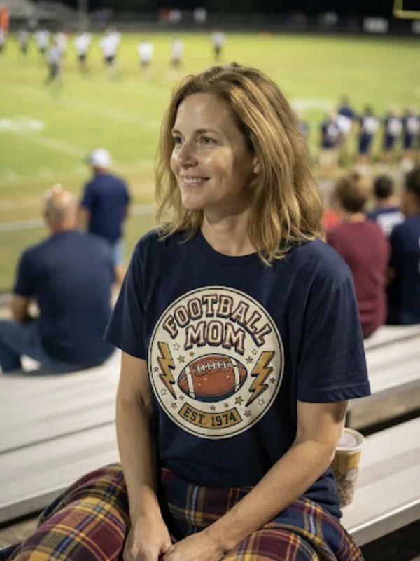 Mom sitting in the home bleachers at a Friday night football game in a navy Football Mom graphic tee