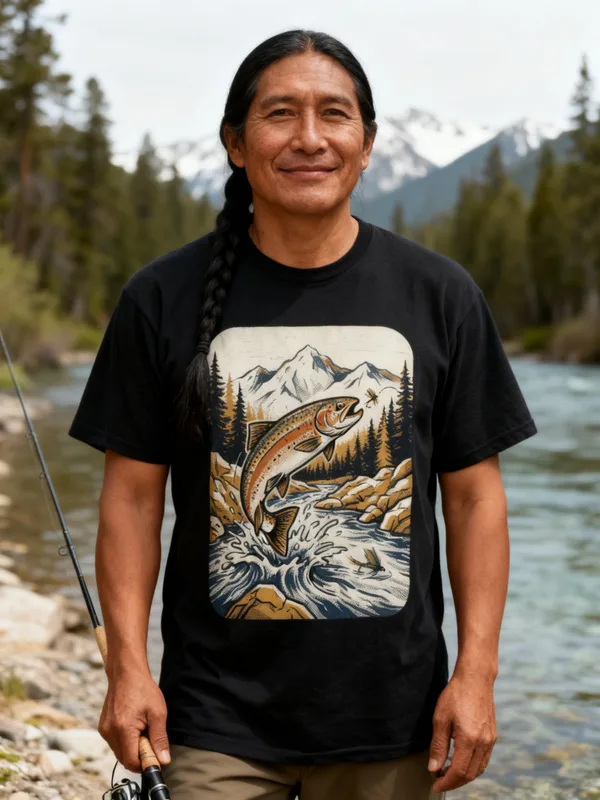 Man on the bank of a clear mountain river holding a fly rod at his side wearing the High Country Trout tee