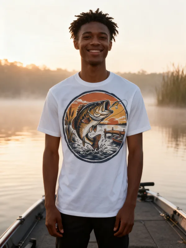 Man on the deck of a bass boat on a misty lake at sunrise holding a fishing rod at his side wearing the Sunrise Strike tee