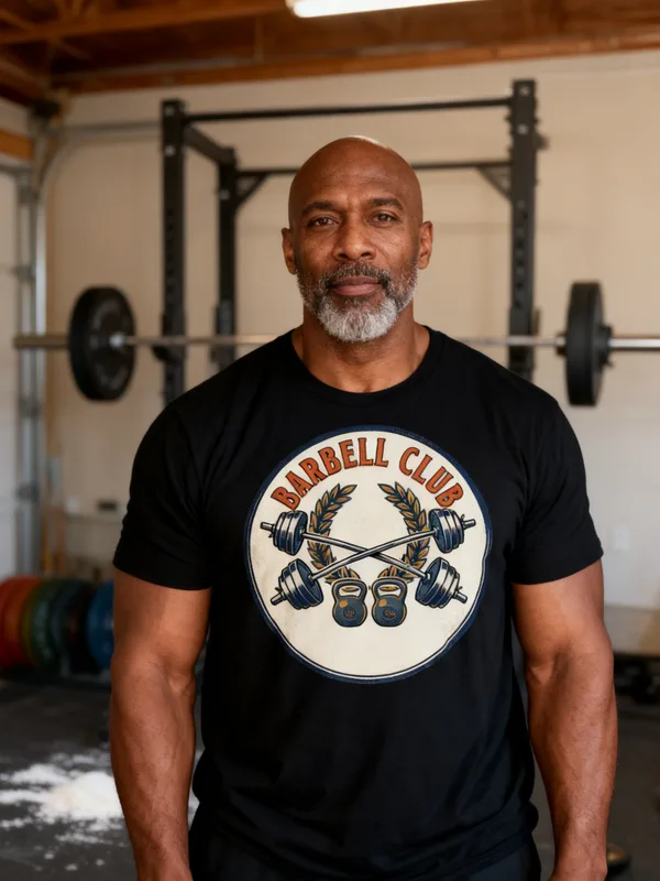 Man in a home garage gym with a power rack wearing the Barbell Club tee