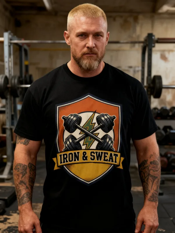 Man in a gritty old iron gym with dumbbell racks wearing the Iron & Sweat gym tee
