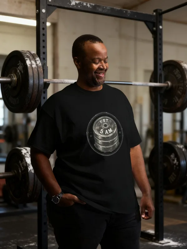 Man in an old-school weight room between sets wearing the Plate Club tee