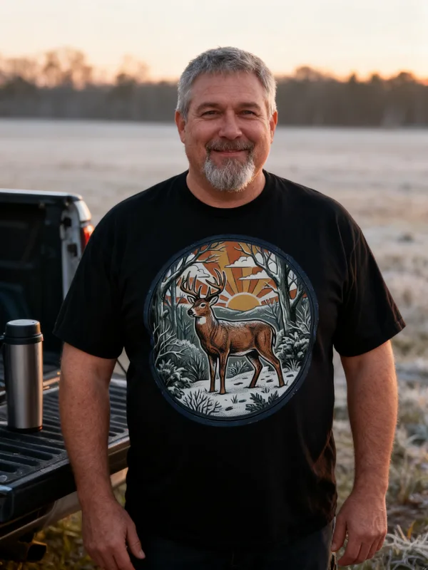 Man at deer camp at dawn beside a pickup tailgate with a thermos wearing the First Light Buck tee