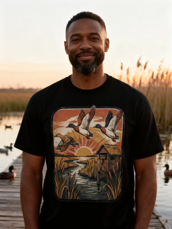 Man on a wooden dock at a duck marsh at sunrise wearing the Marsh Morning tee