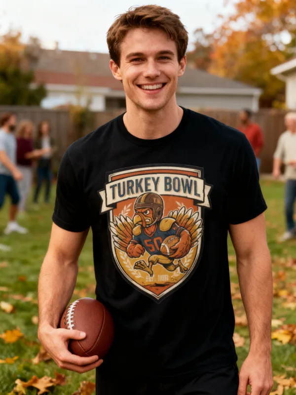 Man in a backyard on Thanksgiving afternoon during a family touch-football game wearing the Turkey Bowl tee