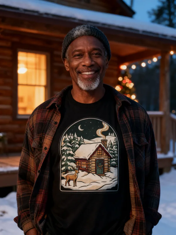 Man outside a snowy log cabin at dusk with warm window light and Christmas lights on the porch wearing the Cabin Christmas tee