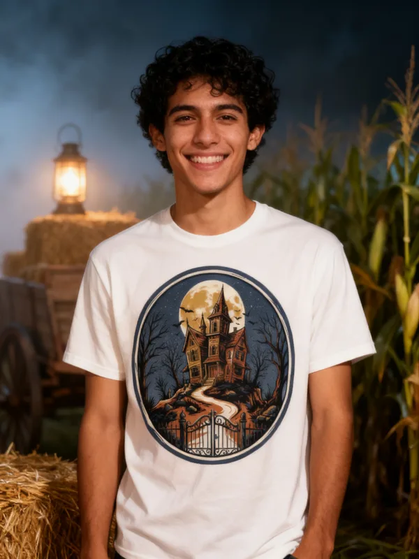 Man at a foggy haunted hayride at night wearing the Haunted Hollow tee
