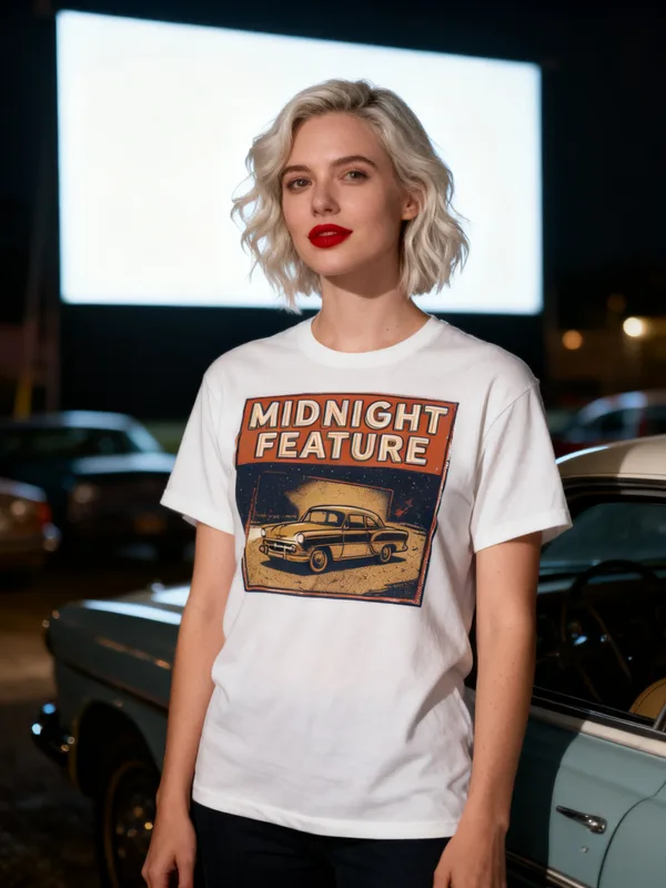 Woman beside a vintage car at a drive-in movie theater at night wearing the Midnight Feature tee