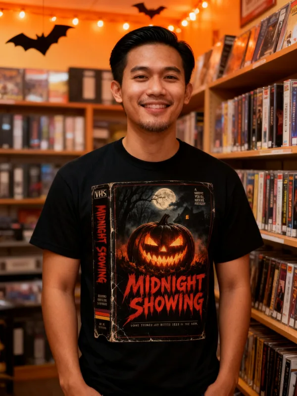 Man in a retro video rental store on Halloween night wearing the Night Shift Halloween tee
