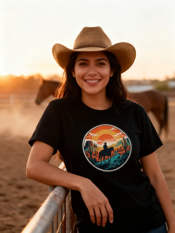 Woman at a horse ranch at sunset leaning on a corral fence wearing the Desert Rider tee