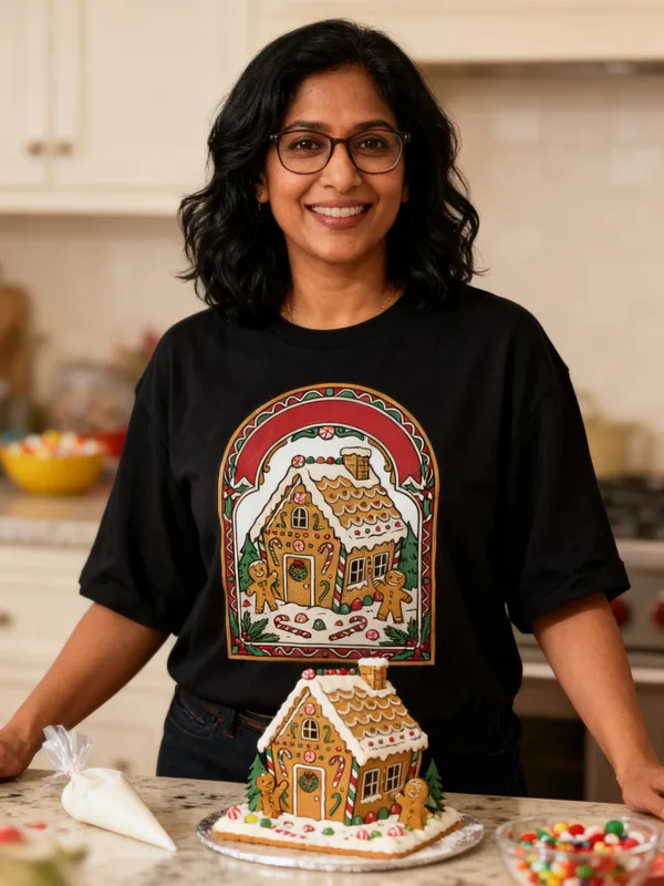Woman in a cozy kitchen with a finished gingerbread house wearing the Gingerbread Lane Christmas tee