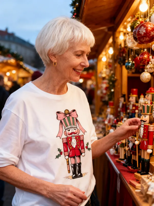 Woman browsing a Christmas market stall of wooden nutcrackers wearing the Nutcracker Bow tee