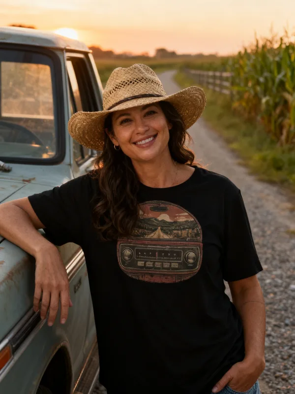 Woman leaning against an old pickup truck on a gravel country road at sunset wearing the Dirt Road Radio tee