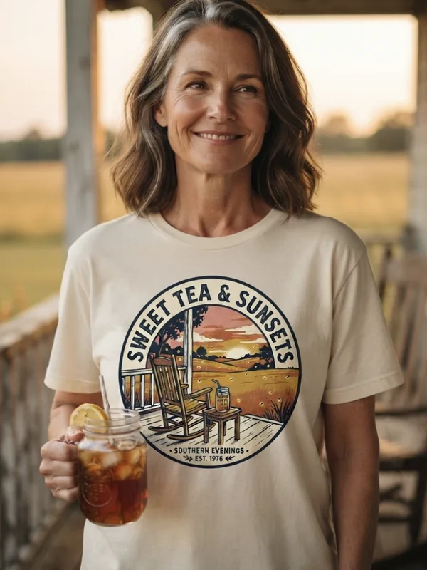 Woman on a front porch at sunset with a glass of sweet tea wearing the Sweet Tea & Sunsets country tee