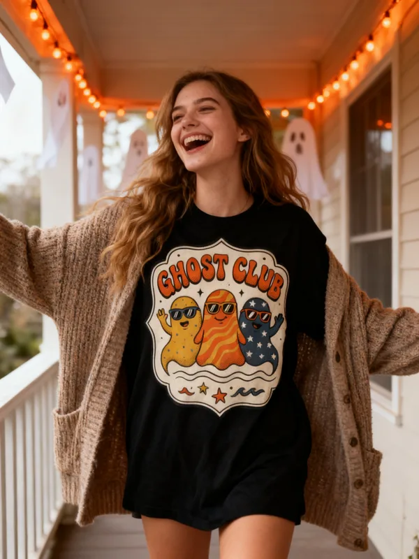 Woman at a Halloween house party on a porch with orange string lights and paper ghosts wearing the Ghost Club tee
