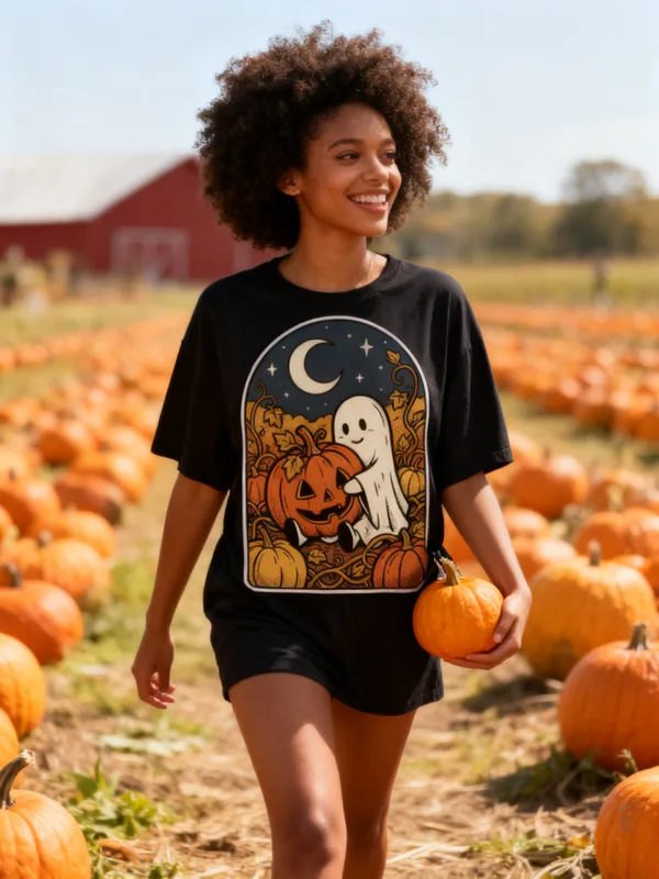Woman walking through a pumpkin patch on a sunny fall afternoon holding a small pumpkin at her hip wearing the Pumpkin Patch Ghost tee