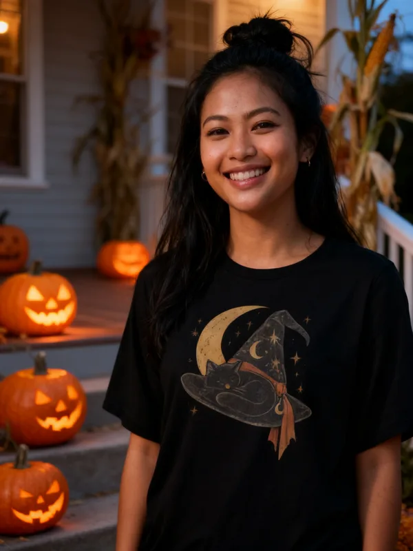 Woman on a front porch decorated for Halloween at dusk wearing the Witchy Season tee