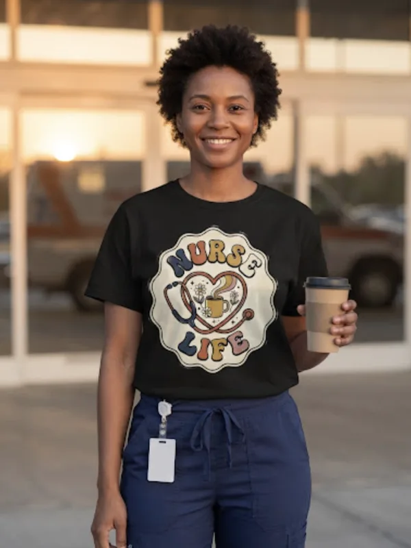 Nurse with a coffee outside the hospital after a night shift wearing the Nurse Life Coffee tee