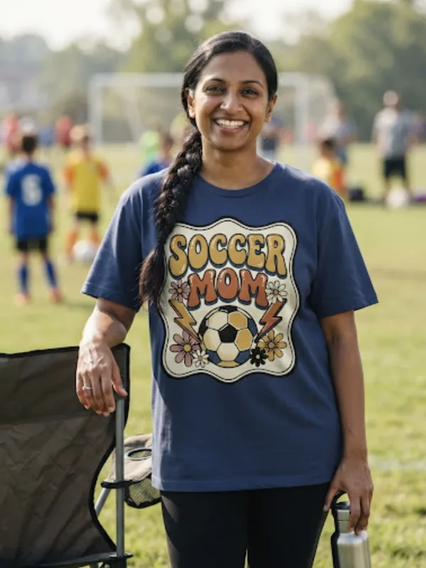 Mom on the youth soccer sideline wearing the Sideline Bloom soccer mom tee