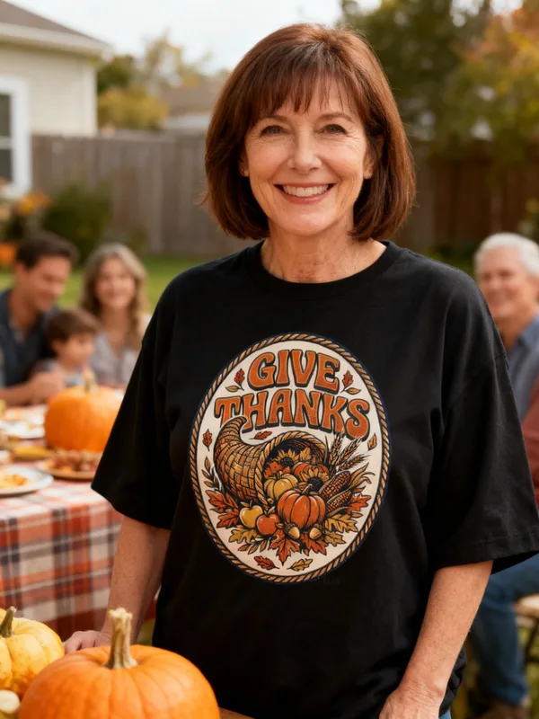 Woman at an outdoor Thanksgiving table in the backyard wearing the Give Thanks tee