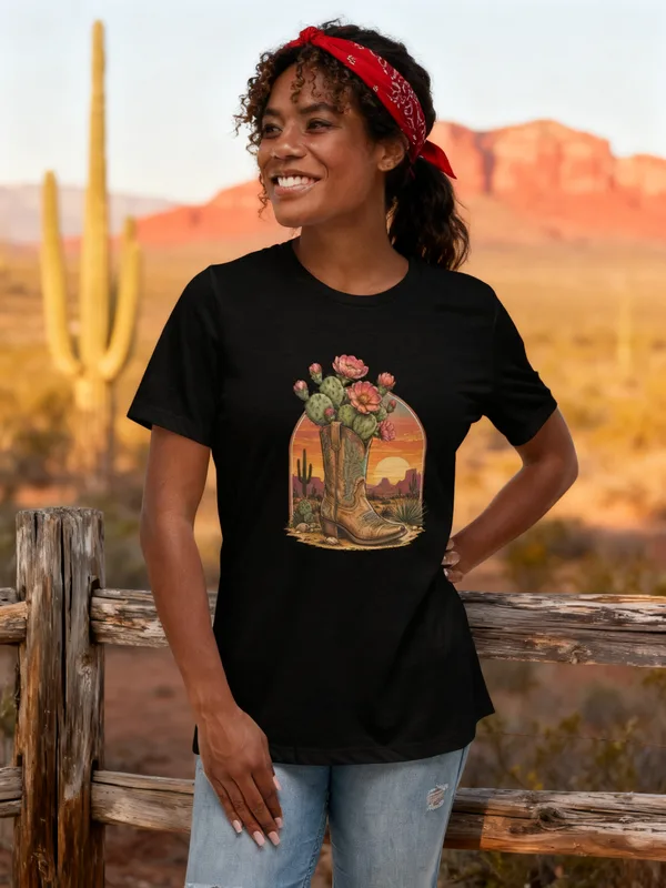 Woman by a weathered wooden ranch fence in the high desert at golden hour wearing the Desert Bloom tee