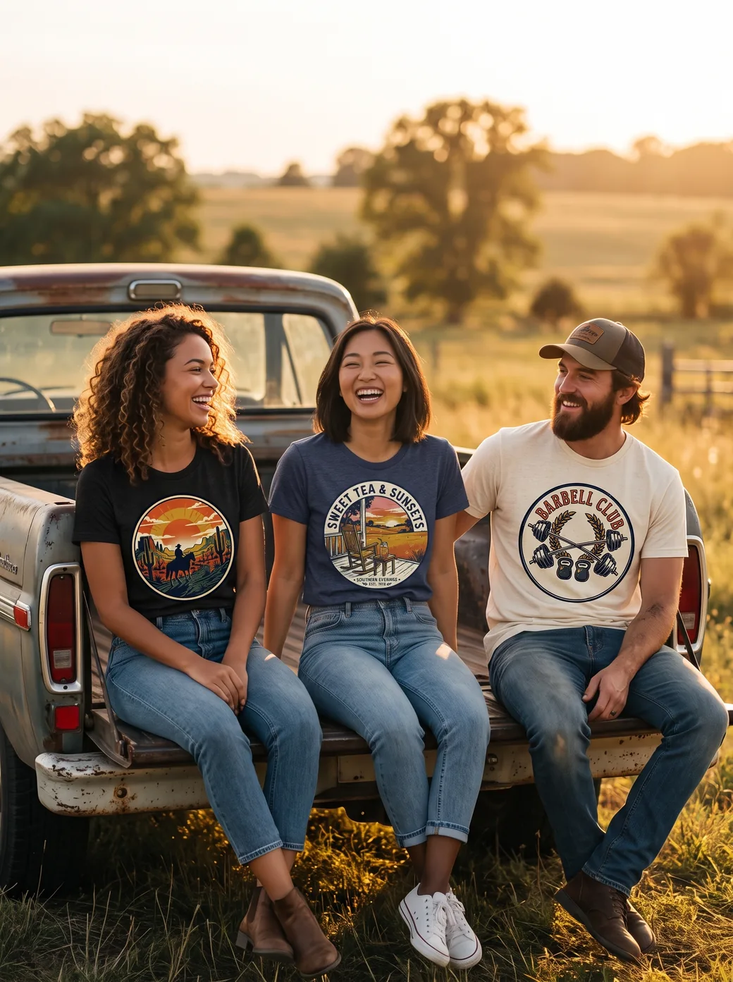 Three friends laughing on a pickup tailgate at golden hour, wearing Graphic Tees Co. graphic tees