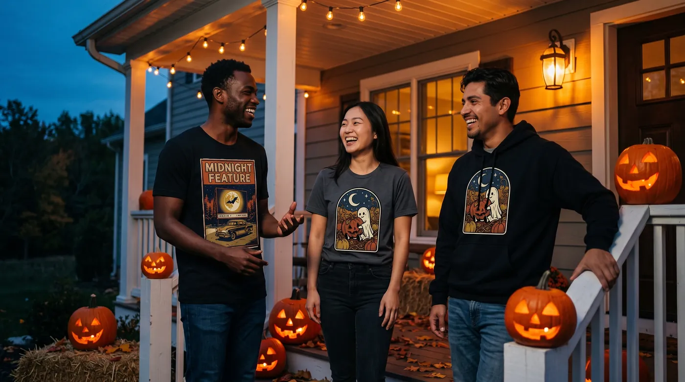 Three friends laughing on a front porch with glowing jack-o'-lanterns, wearing Graphic Tees Co. Halloween shirts and a hoodie